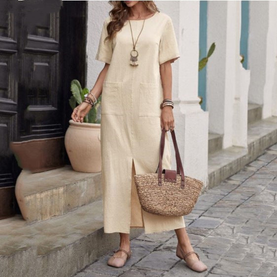 Women's Casual Summer Solid Color Cotton Linen Round Neck Short Sleeve Dress