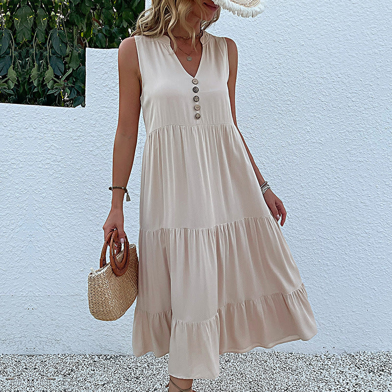 Women's Summer Solid Color Sleeveless Loose Casual Midi Dress