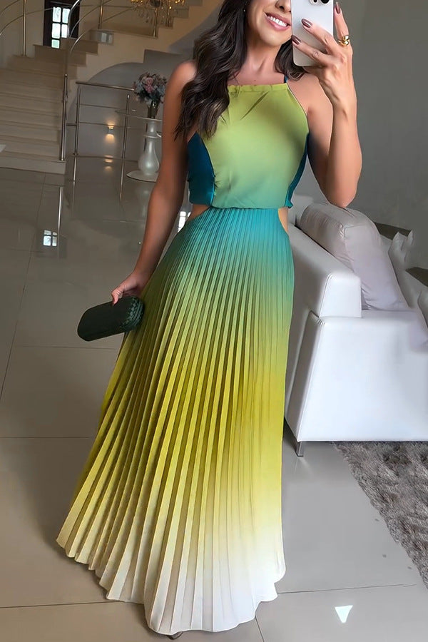 Women's Sexy Gradient Pleated Sleeveless Backless Loose Maxi Dress