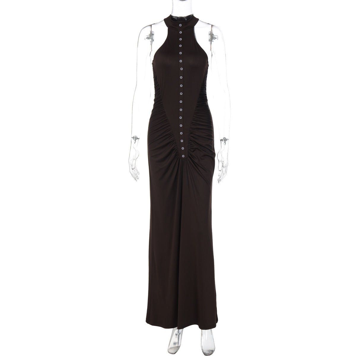 Women's Solid Color Round Neck Sleeveless Button Slim-Fit Pleated Maxi Dress