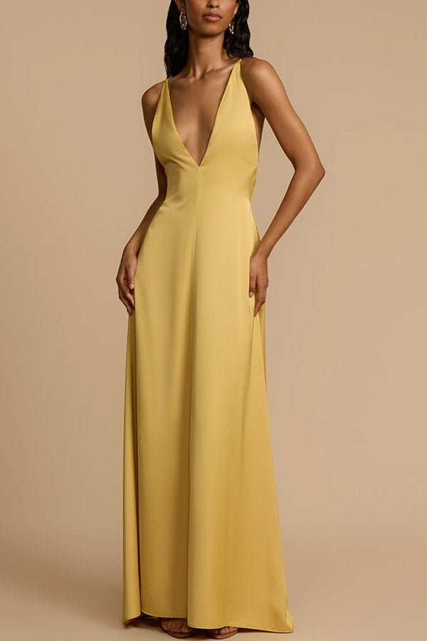 Women's Sexy Solid Color Satin V-Neck Sleeveless Backless Slip Dress