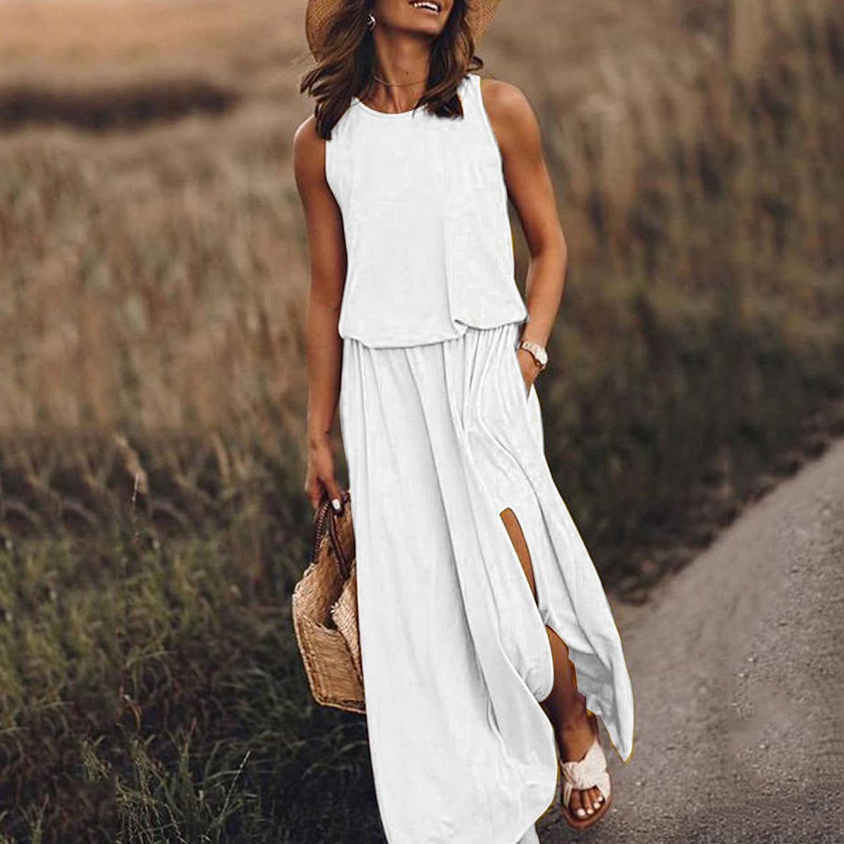 Women's Summer Casual Round Neck Sleeveless Side-Slit Solid Color Long Dress