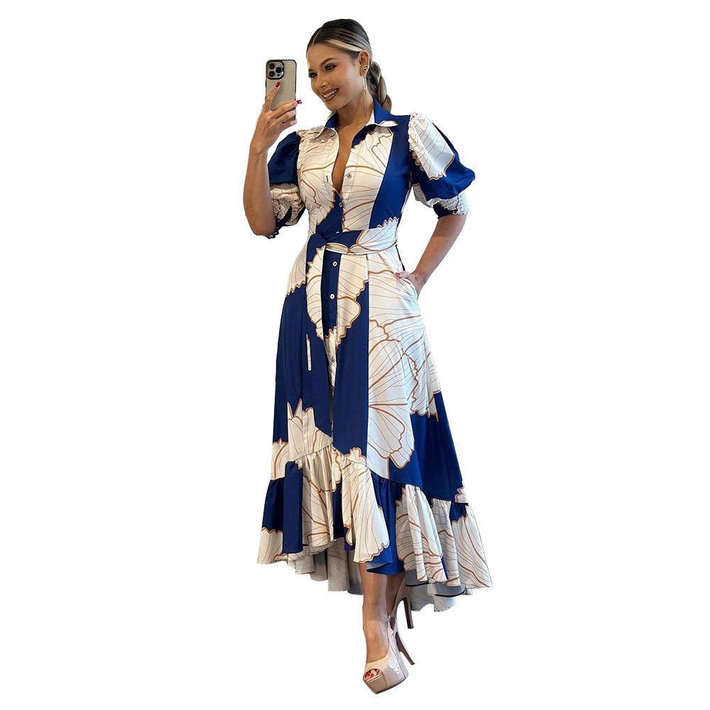 Women's Summer Print Lapel Short Sleeve Irregular Maxi Dress