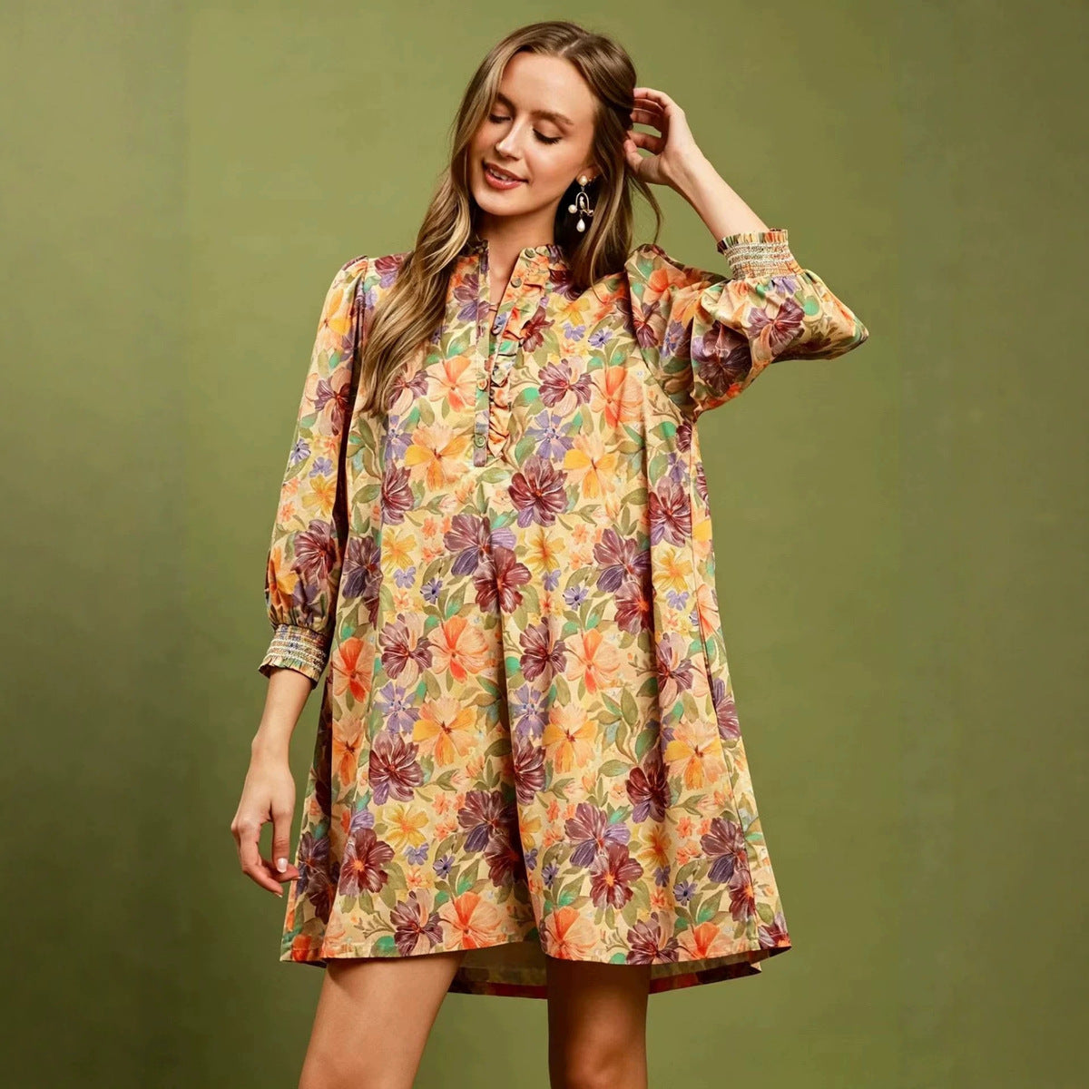 Women's Casual Retro Flower Printed Long Sleeve Loose Dress