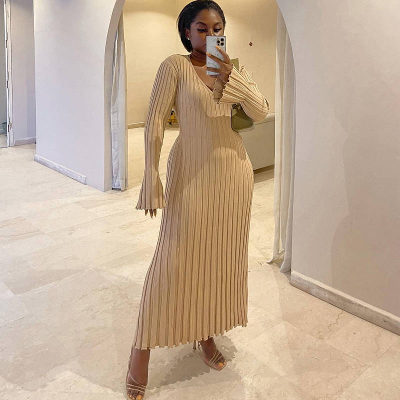Women's Autumn Winter Elegant Solid Color Casual V-Neck Knitted Long Dress