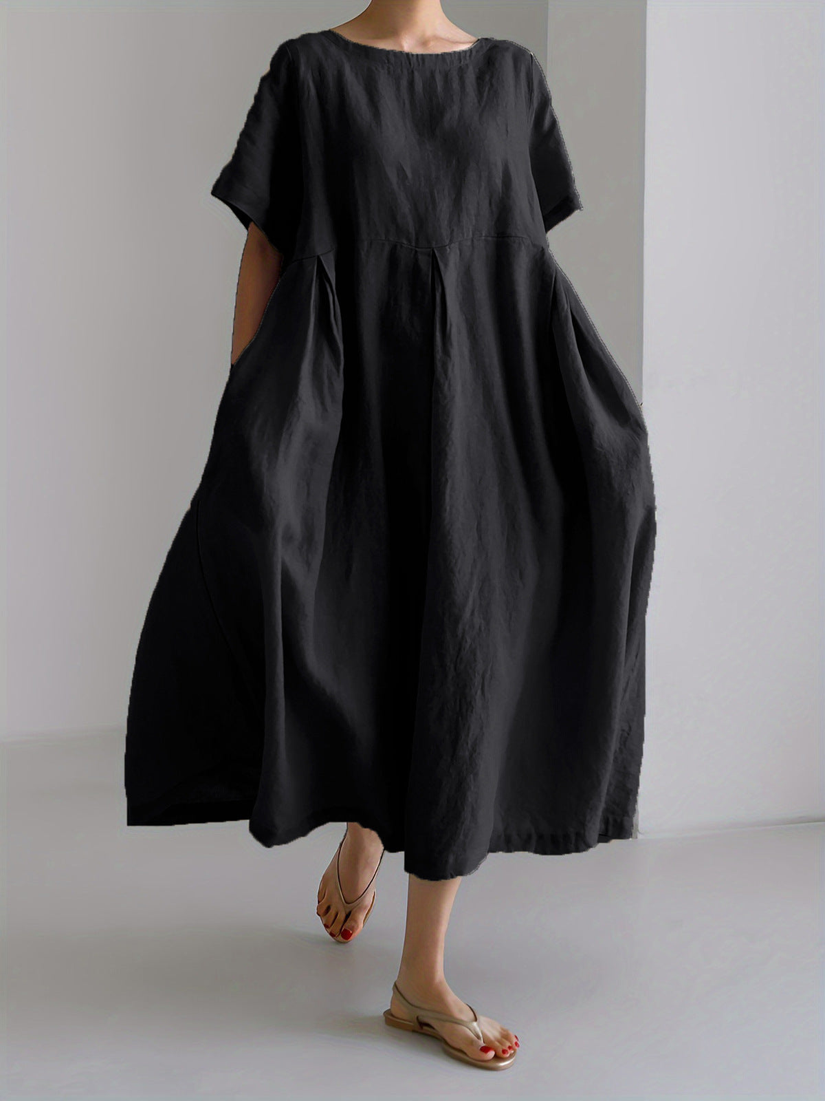 Women's Casual Solid Color Cotton and Linen Round Neck Short Sleeve Loose Dress