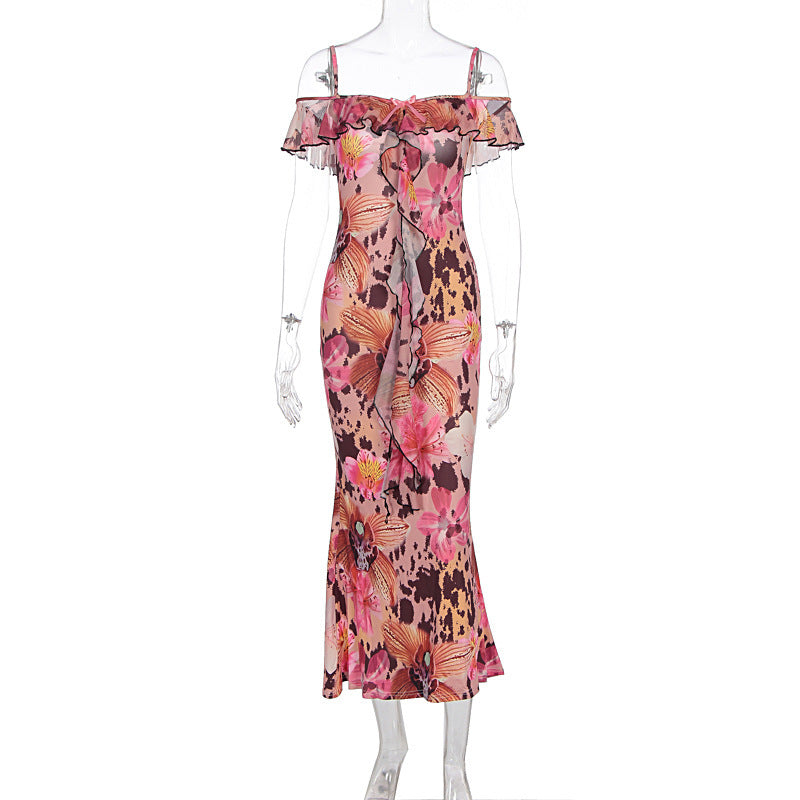 Women's Summer Sexy Floral Print Bodycon Off-Shoulder Maxi Dress