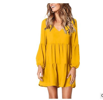 Women's Sexy V-Neck Solid Color Long Sleeve Cotton Dress