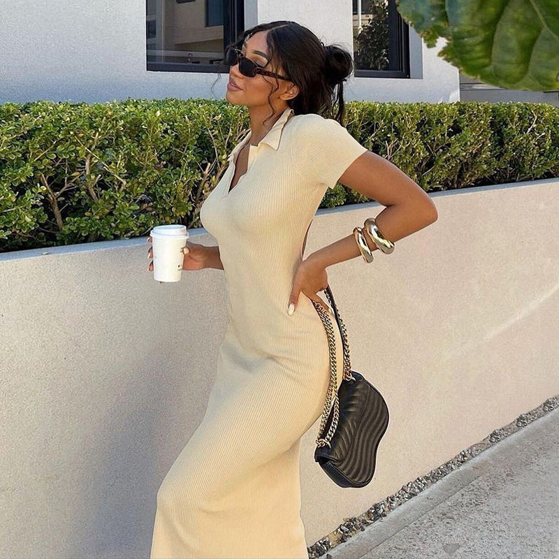 Women's Solid Color Knitted V-Neck Backless Short Sleeve Side-Slit Maxi Dress