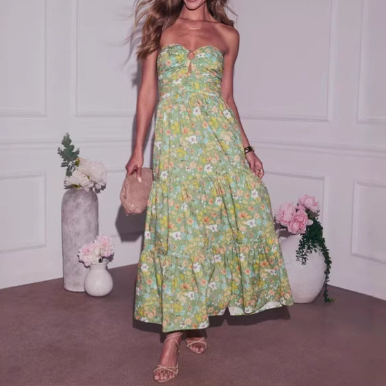 Women's Sexy Summer Flower Printed Tube Top Loose Dress