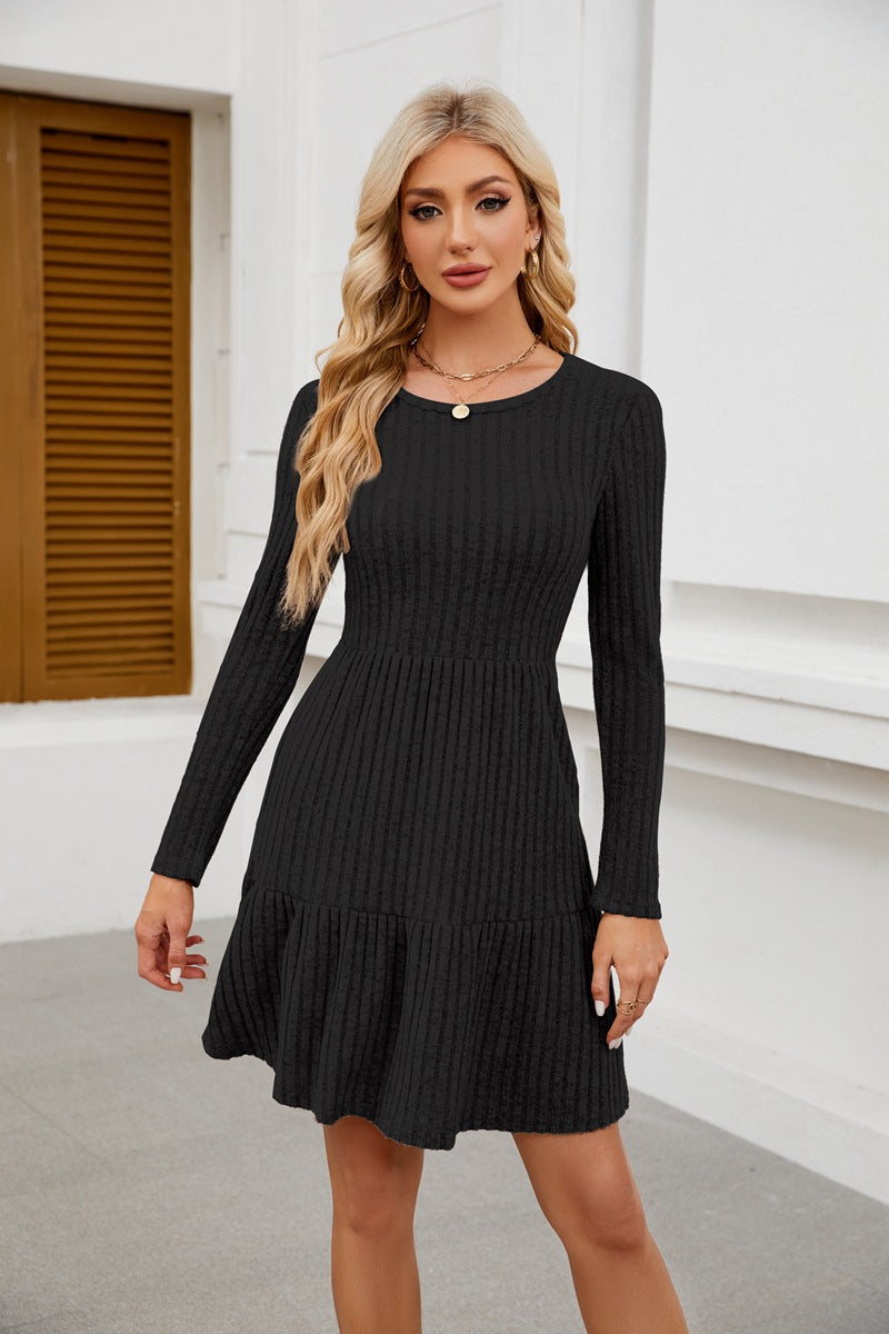Women's Crewneck Pocket Casual Knee Length Long Sleeve Knitted A-Line Dress