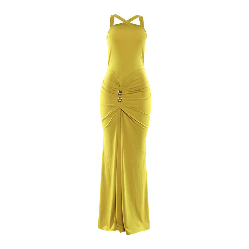 Women's Solid Color Neck Pleated Bodycon Maxi Fishtail Dress