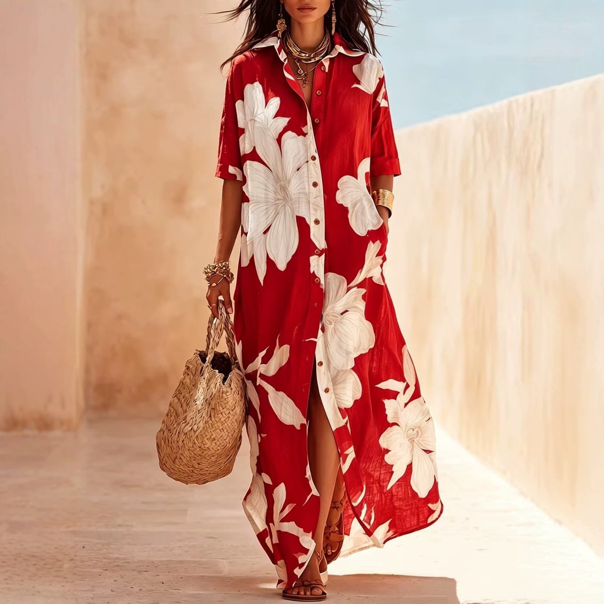 Women's Casual Flower Printed Long Sleeve Split Loose Dress