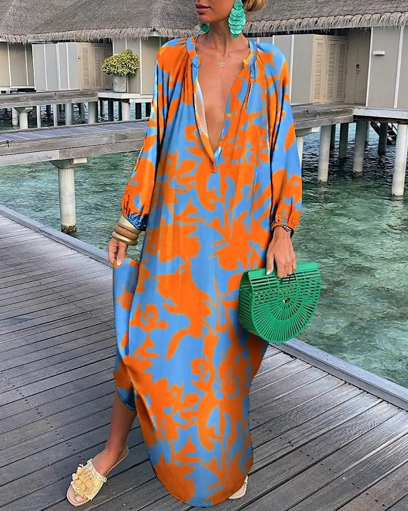 Women's Autumn Graphic Printed Pullover Long Sleeve V-Neck Loose Maxi Dress