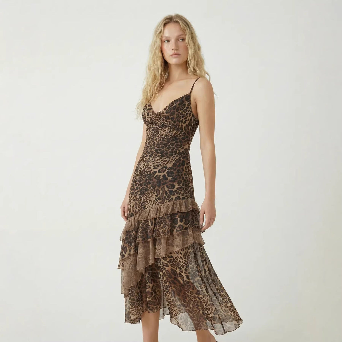 Women's Summer Leopard Mesh Perspective Ruffled Spaghetti Strap Backless Dress