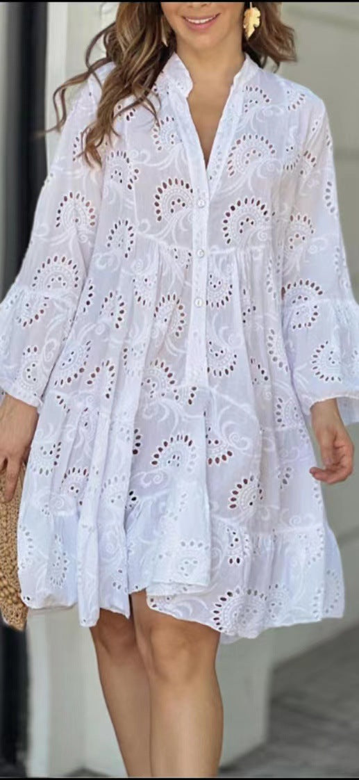 Women's Casual Cotton Princess Dress V-Neck Hollow Midi Dress