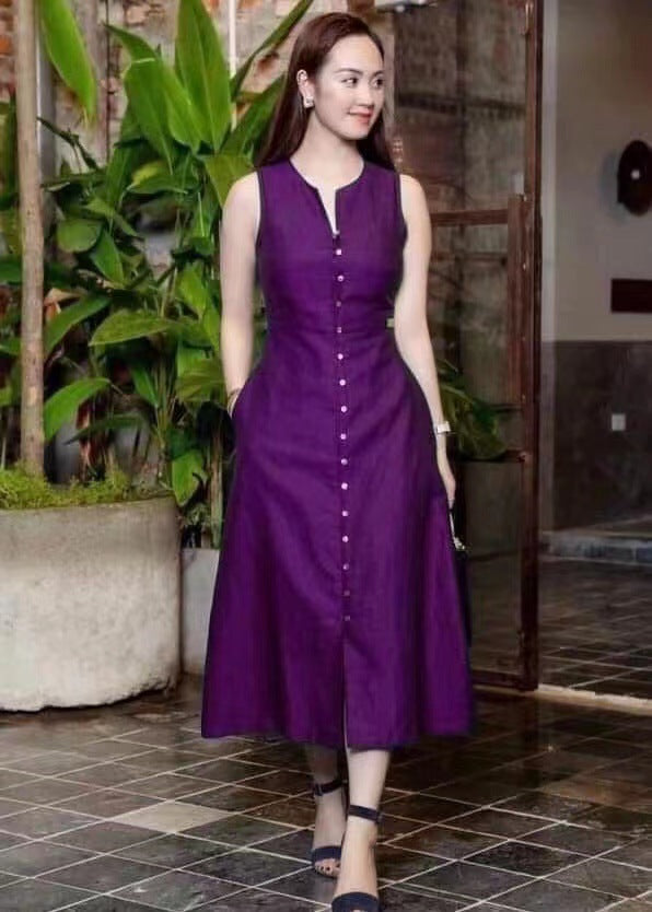Women's Summer Casual Solid Color V-Neck Sleeveless Midi Dress