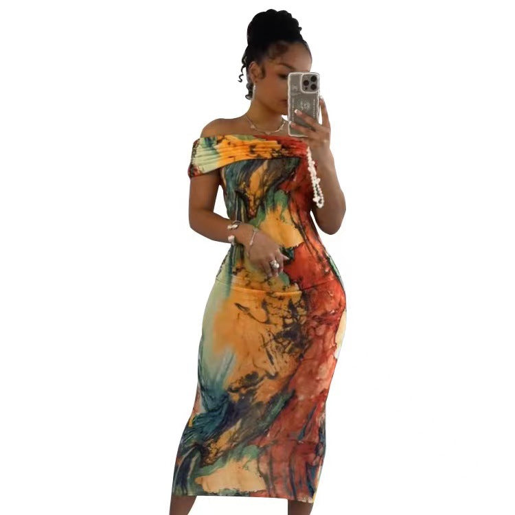 Women's Sexy Off Shoulder Graphic Printed Tight Midi Dress