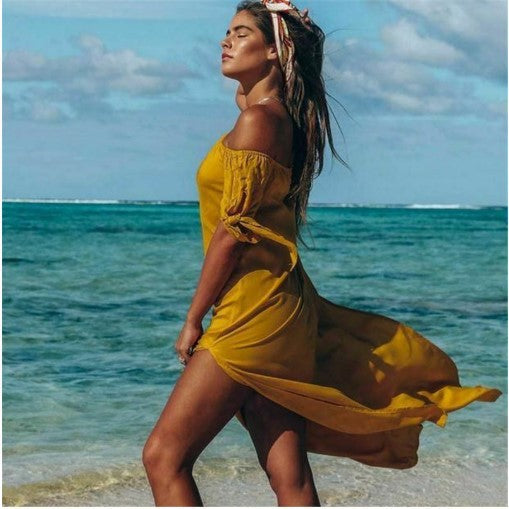 Women's Casual Solid Color Boat Neck Short Sleeve Slit Long Dress
