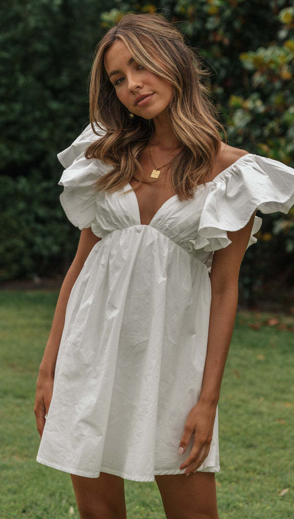 Women's Summer Vacation V-Neck Ruffle Sleeve Solid Color Mini Dress
