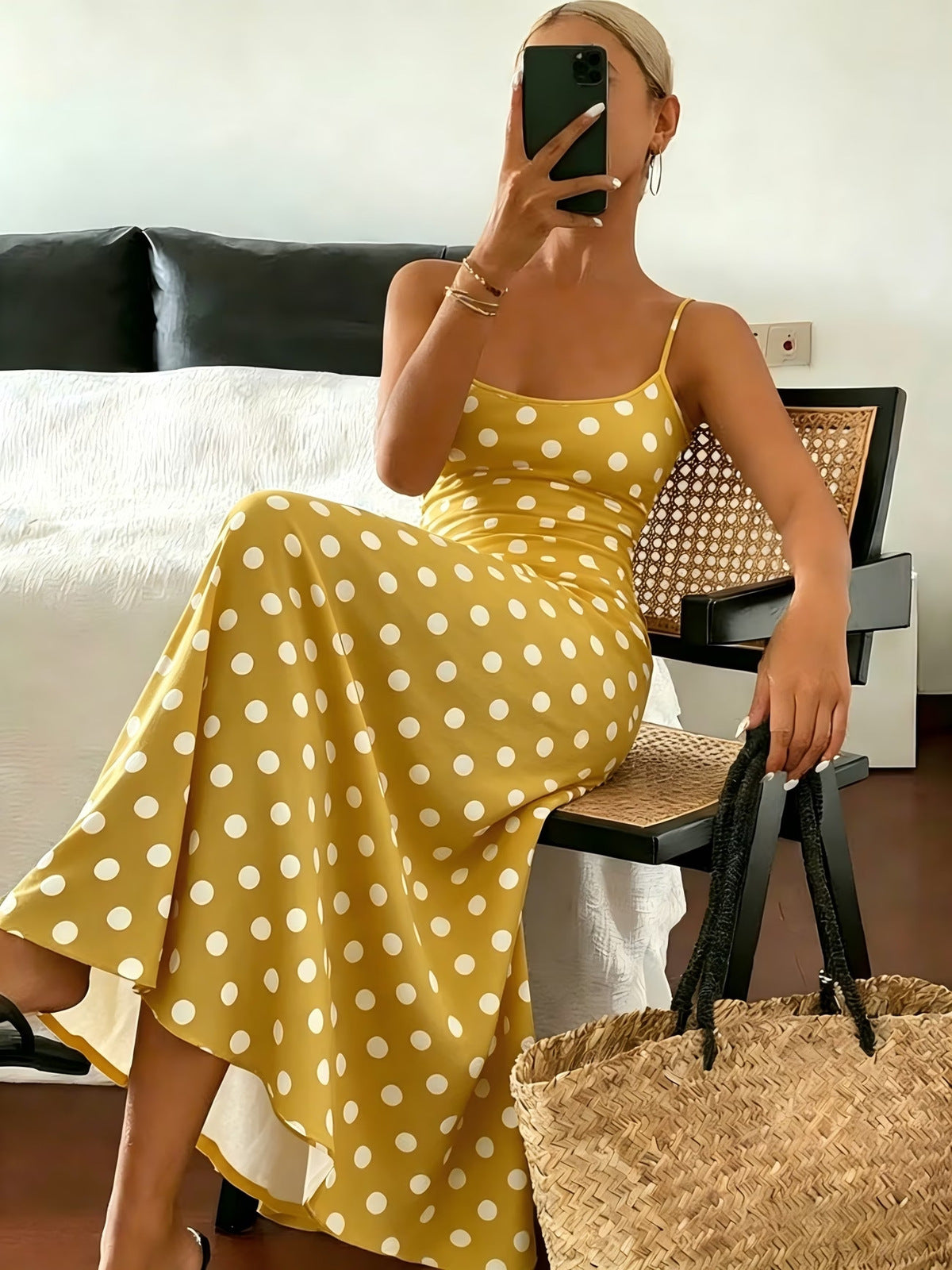 Women's Elegant Polo Dot Print Maxi Dress
