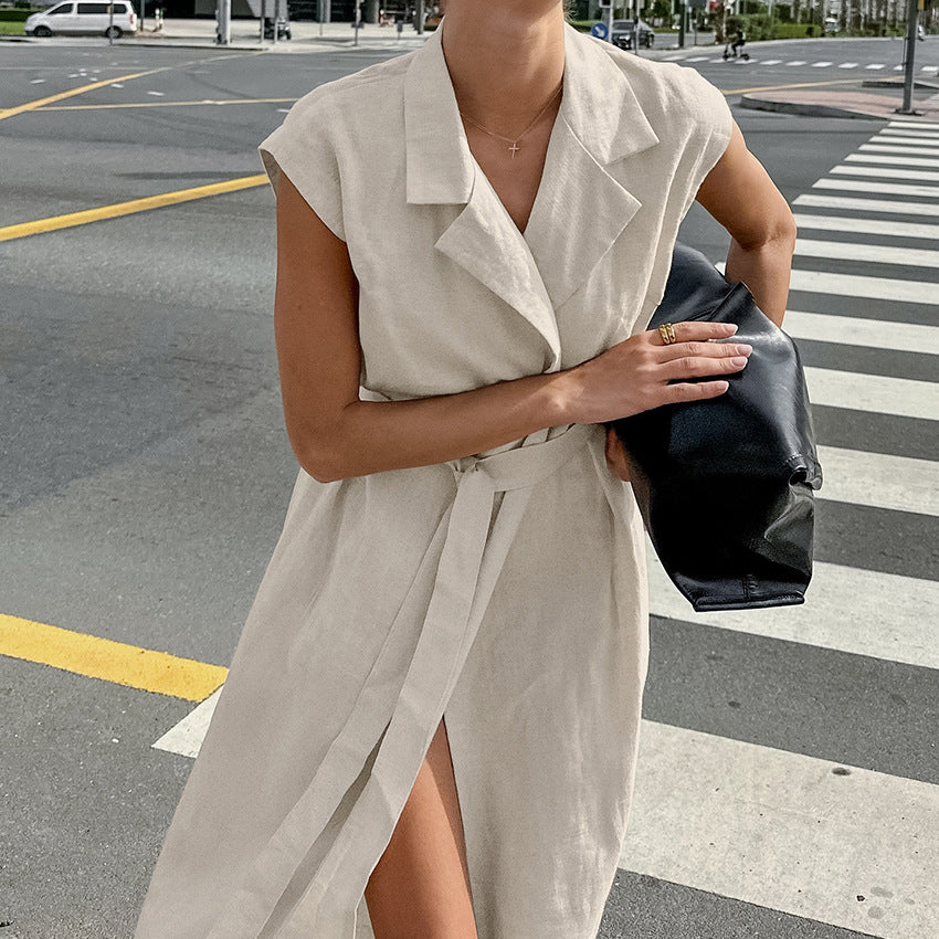 Women's Summer Solid Color Cotton and Linen Lapel Sleeveless Lace-Up Dress