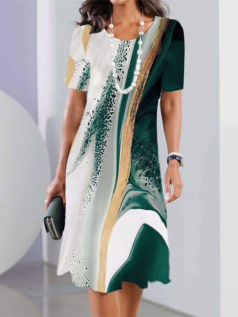 Women's Casual Geometric Print High Waist Midi Dress, Round Neck