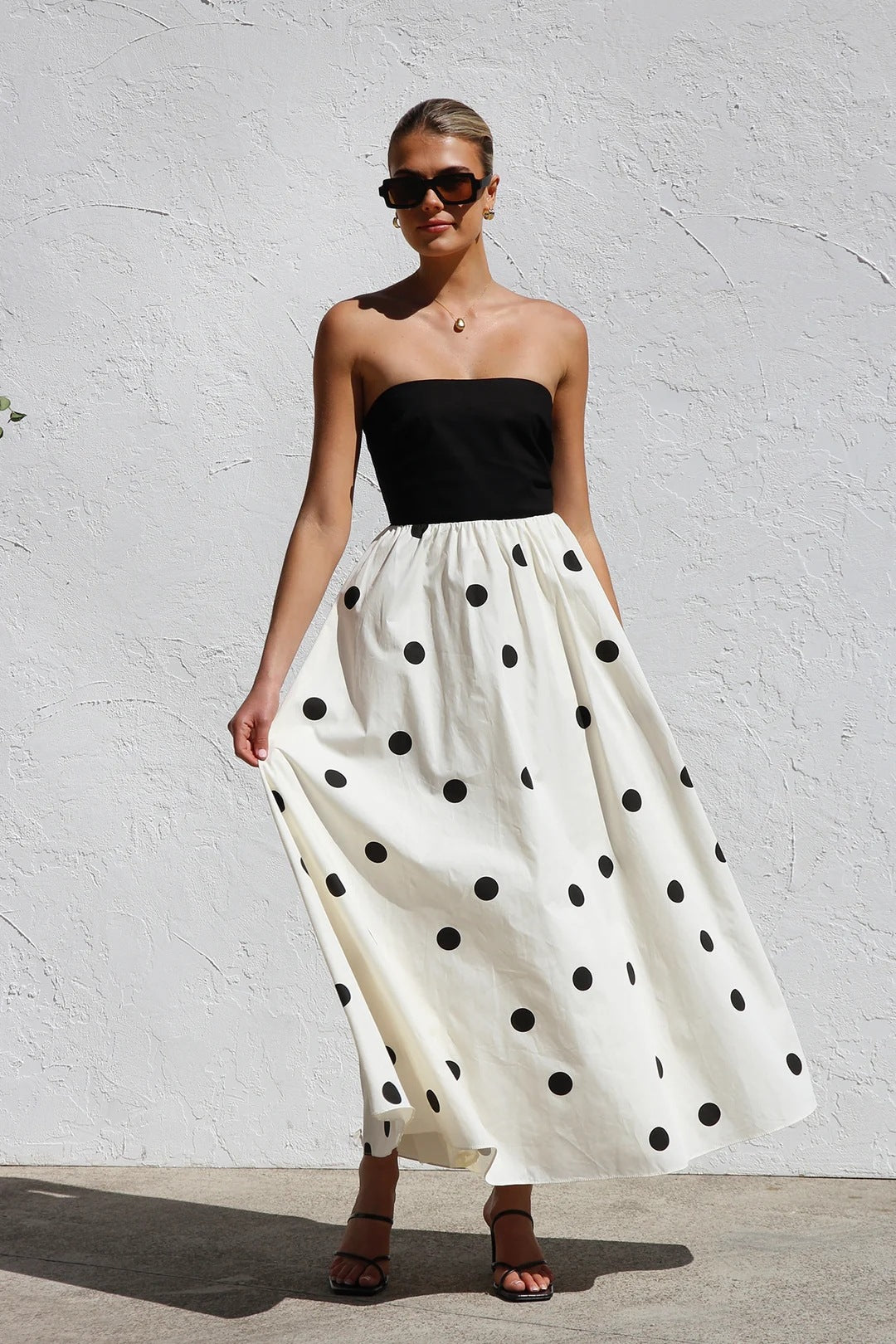 Women's Wave Dot Printing Stitching Tube Top Temperament Maxi Dress