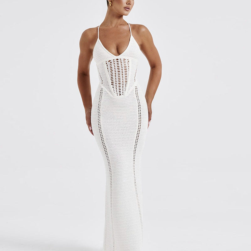 Women's Sexy Backless Hollow Knitted Dress, Solid Color