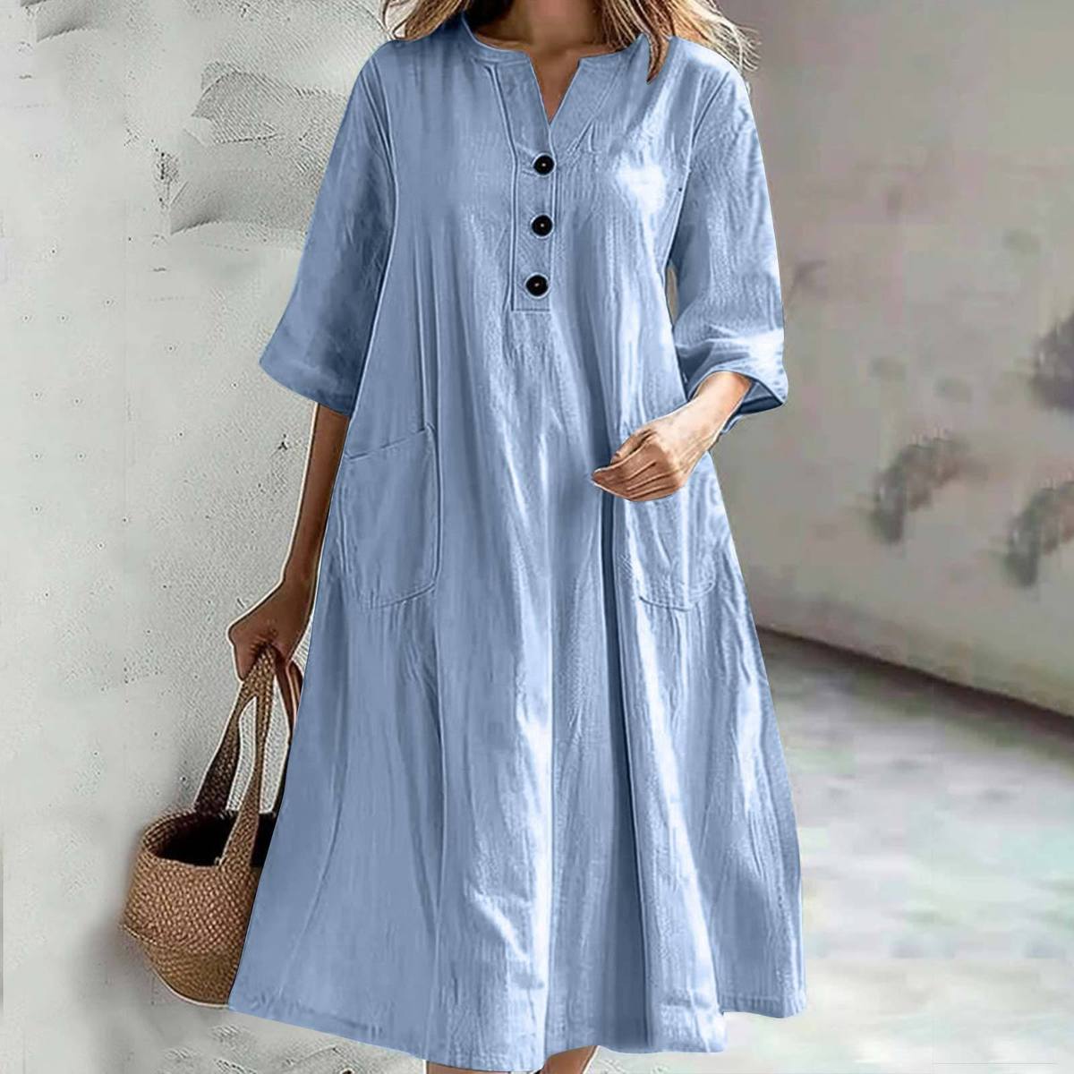 Women's Solid Color Cotton and Linen V-Neck Half-Sleeve Three-Button Dress
