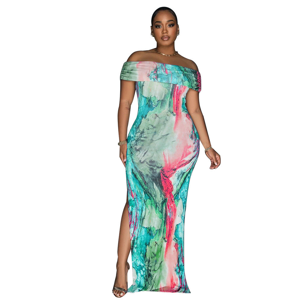 Women's Off-Shoulder Sexy High Split Tie Dye Print Maxi Dress