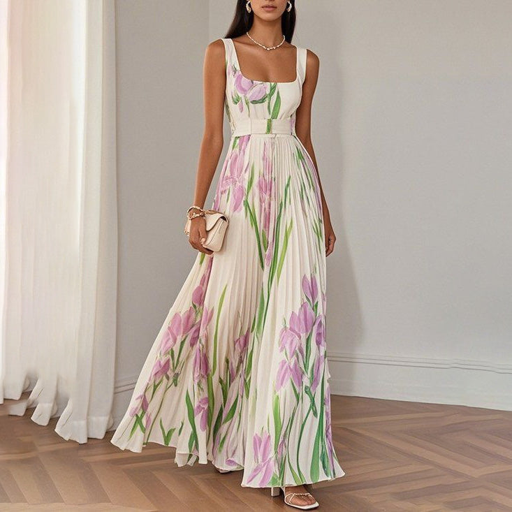 Women's Elegant Spring Flower Print Sleeveless Pleated Dress