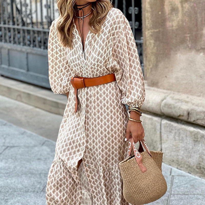 Women's Casual Printed V-Neck Long Sleeve Loose Midi Dress