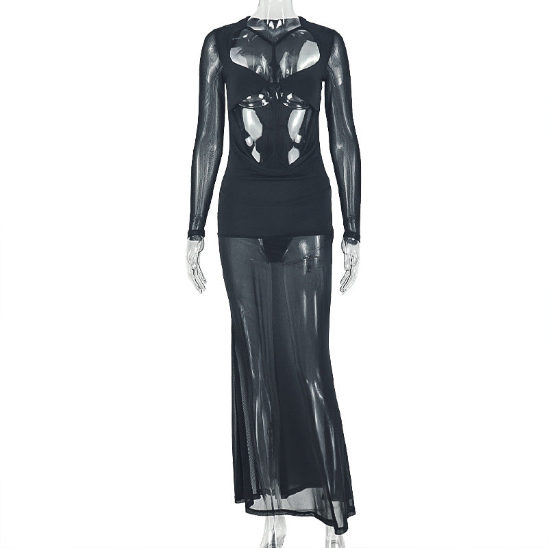 Women's Sexy Solid Color Hollow-Out Long Sleeve Long Dress