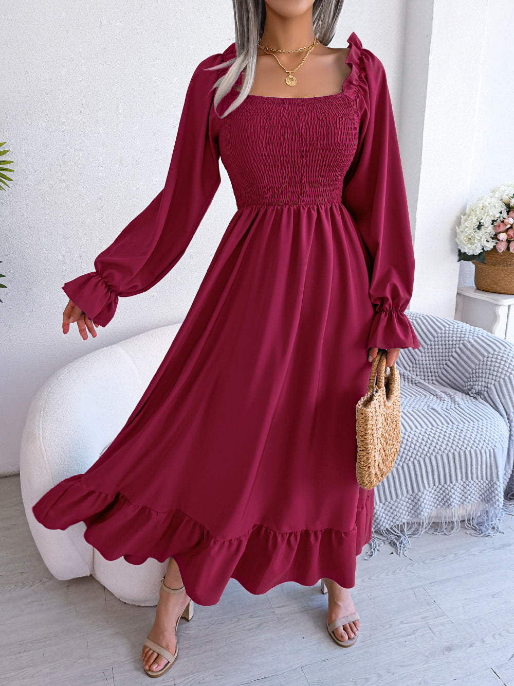 Women's Casual Square Collar Ruffled Maxi Dress