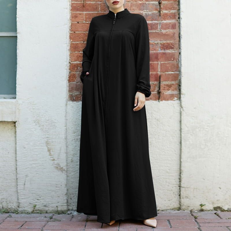 Women's Solid Color Long Sleeve Stand Collar Zip Cardigan Abaya Maxi Dress