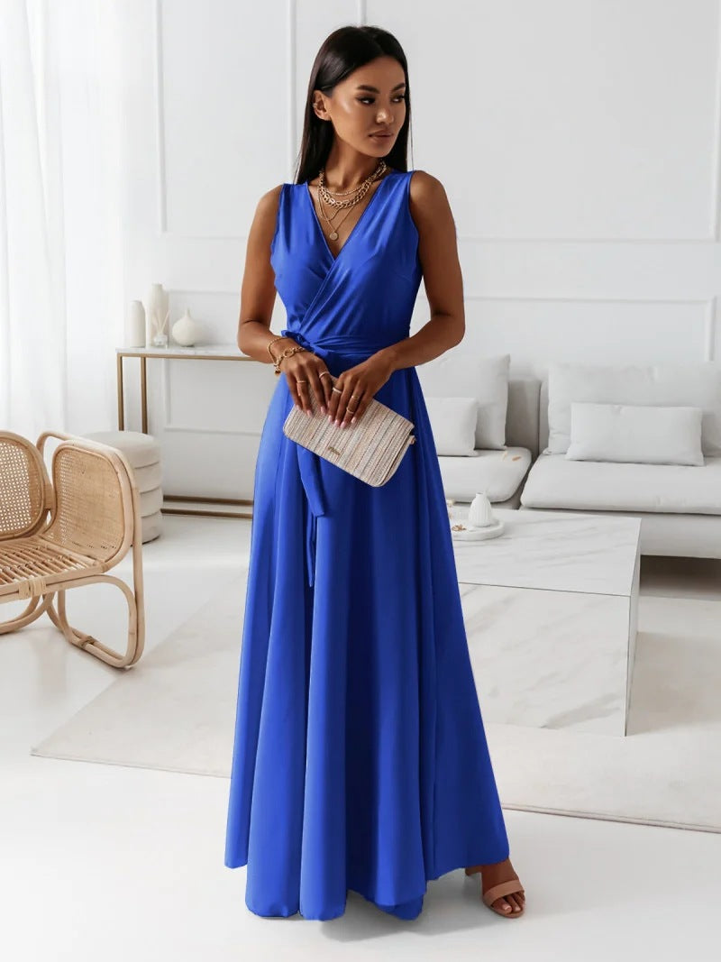 Women's Casual Summer Solid Color Lace-Up V-Neck Sleeveless Long Dress