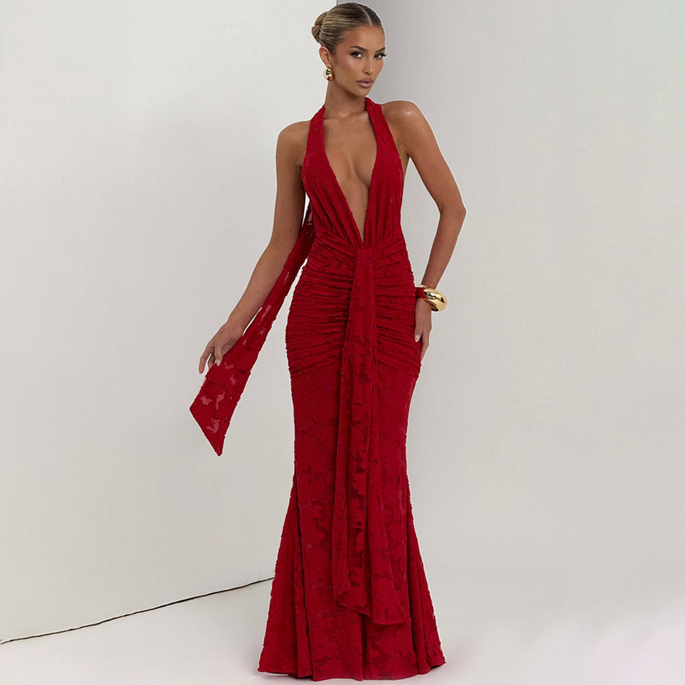 Women's Sexy Backless Lace-Up Deep V-Neck Pleated Fishtail Maxi Dress
