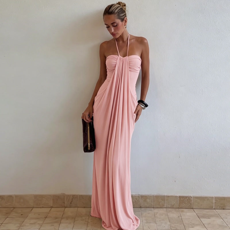 Women's Sexy Summer Solid Color Halter-Neck Lace-Up Backless Dress