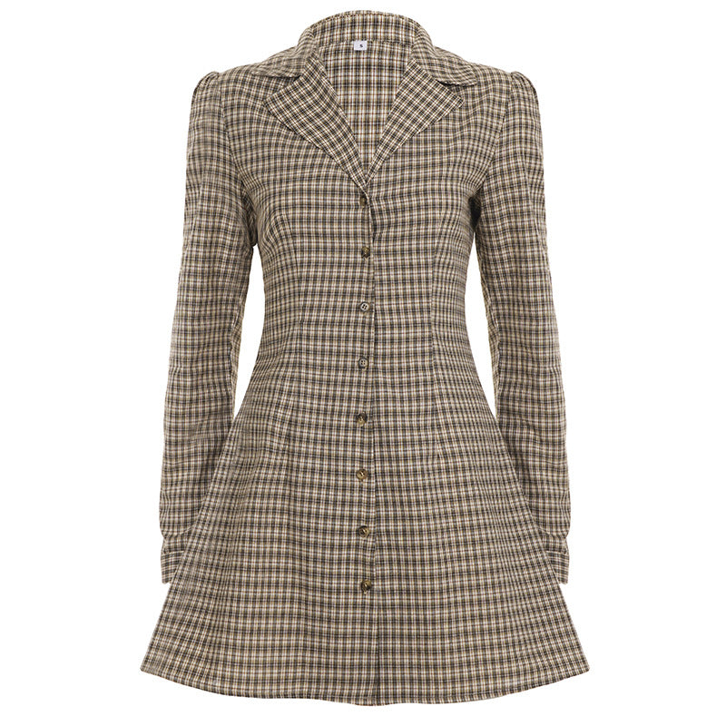 Women's Elegant Plaid Shirt Collar Slim-Breasted Long Sleeve Dress