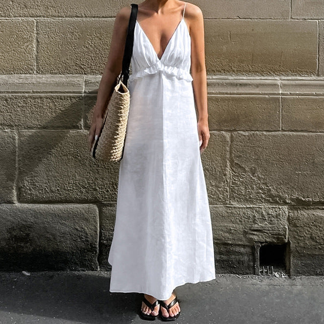 Women's Casual Solid Color Cotton Linen V-Neck Ruffled Loose Maxi Dress