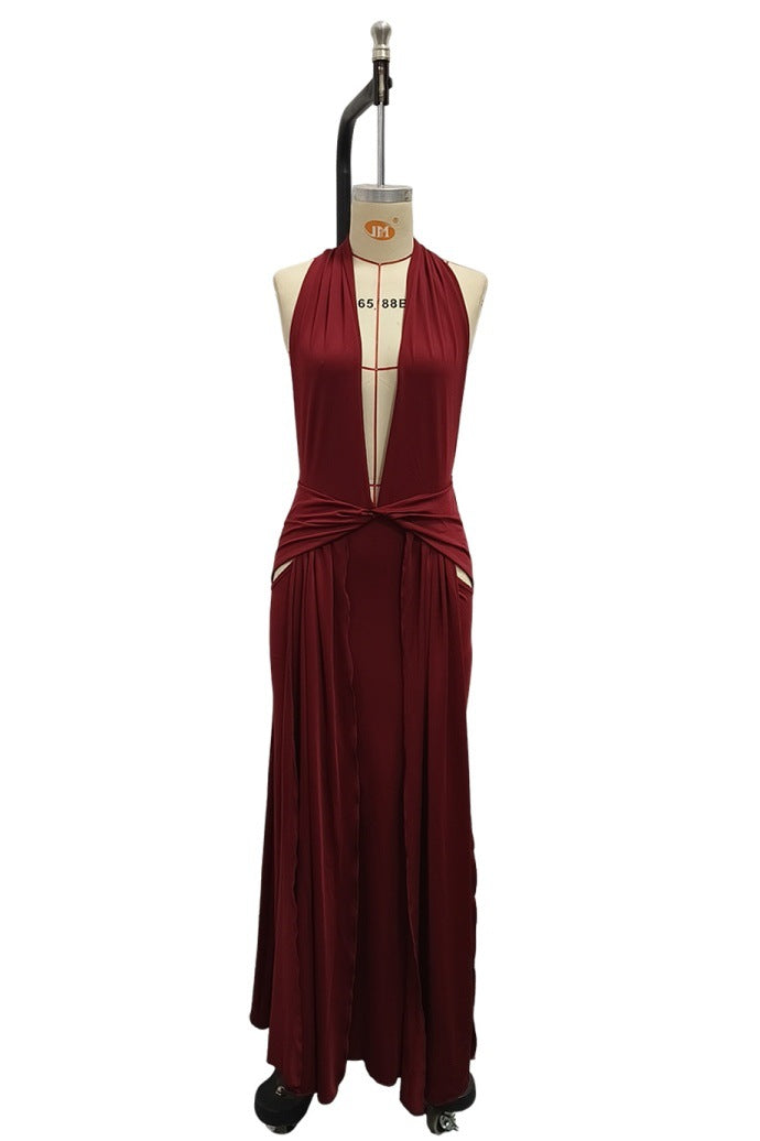 Women's Sexy Spring and Summer Solid Color Deep V Backless Split Dress