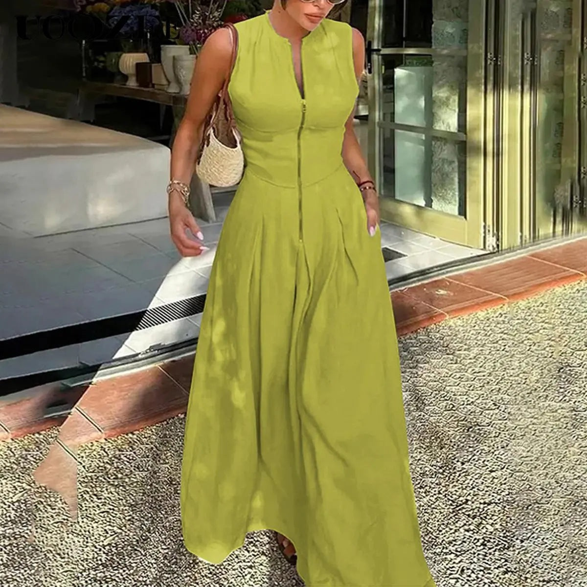 Women's Casual Summer Solid Color Sleeveless Zipper Long A-Line Dress