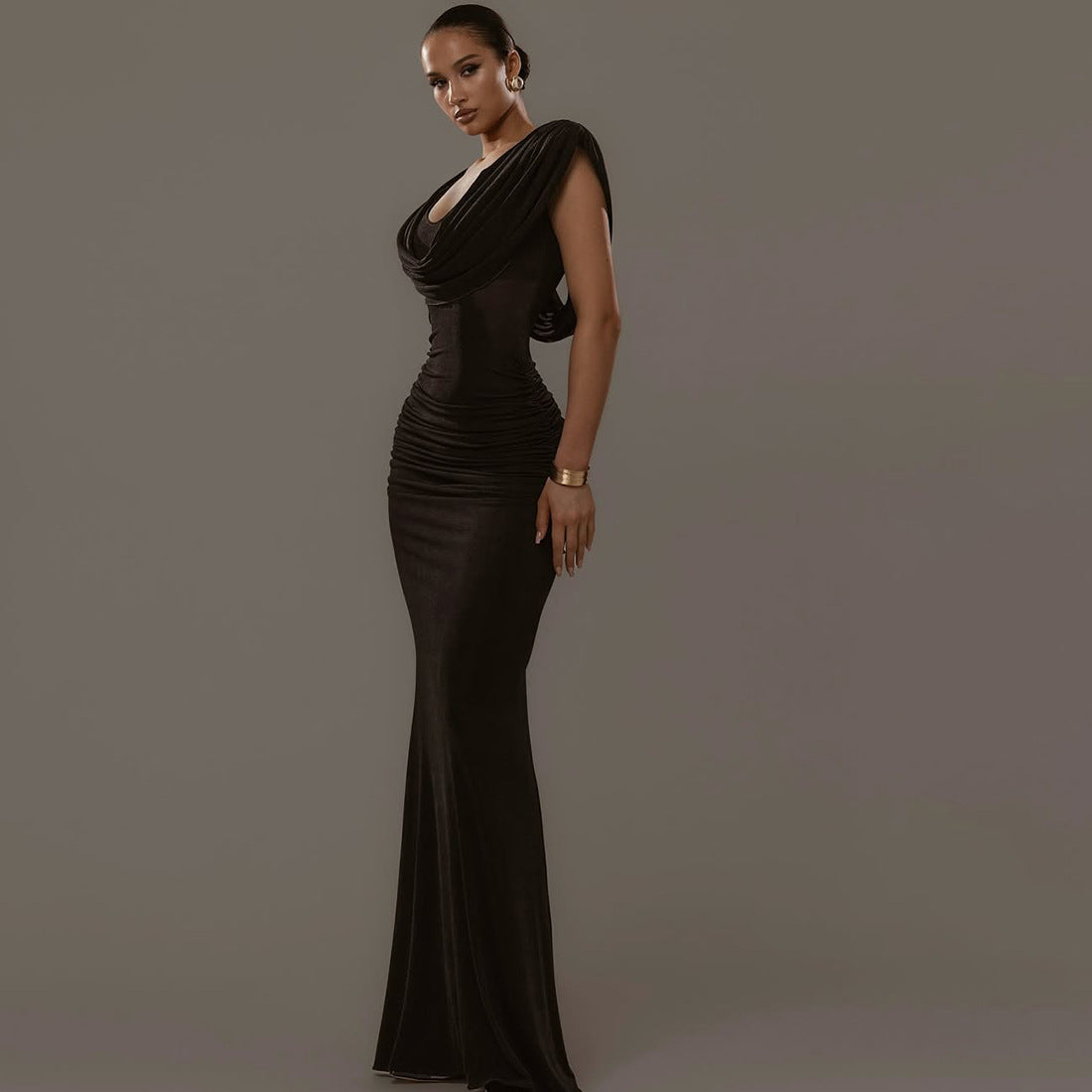 Women's Solid Color Swing Collar Sleeveless Tight Waist Pleated Slim-Fit Dress