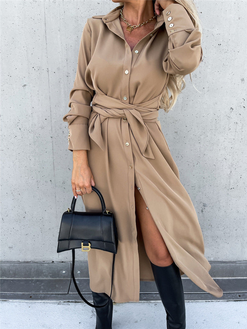 Women's Autumn Winter Solid Color Cardigan Long Sleeve Maxi Shirt Dress