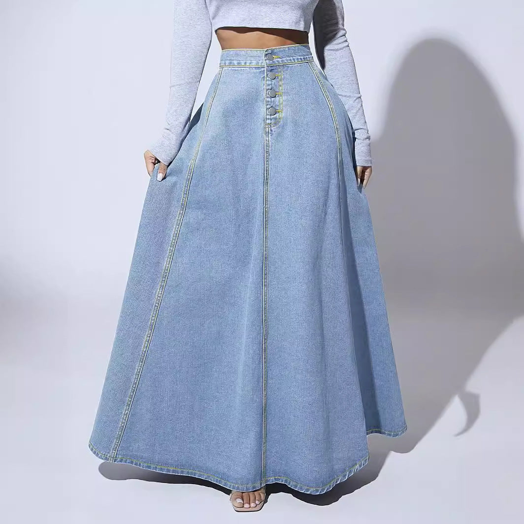 Women's Single-Breasted Denim A-Line Skirt Style Long Dress
