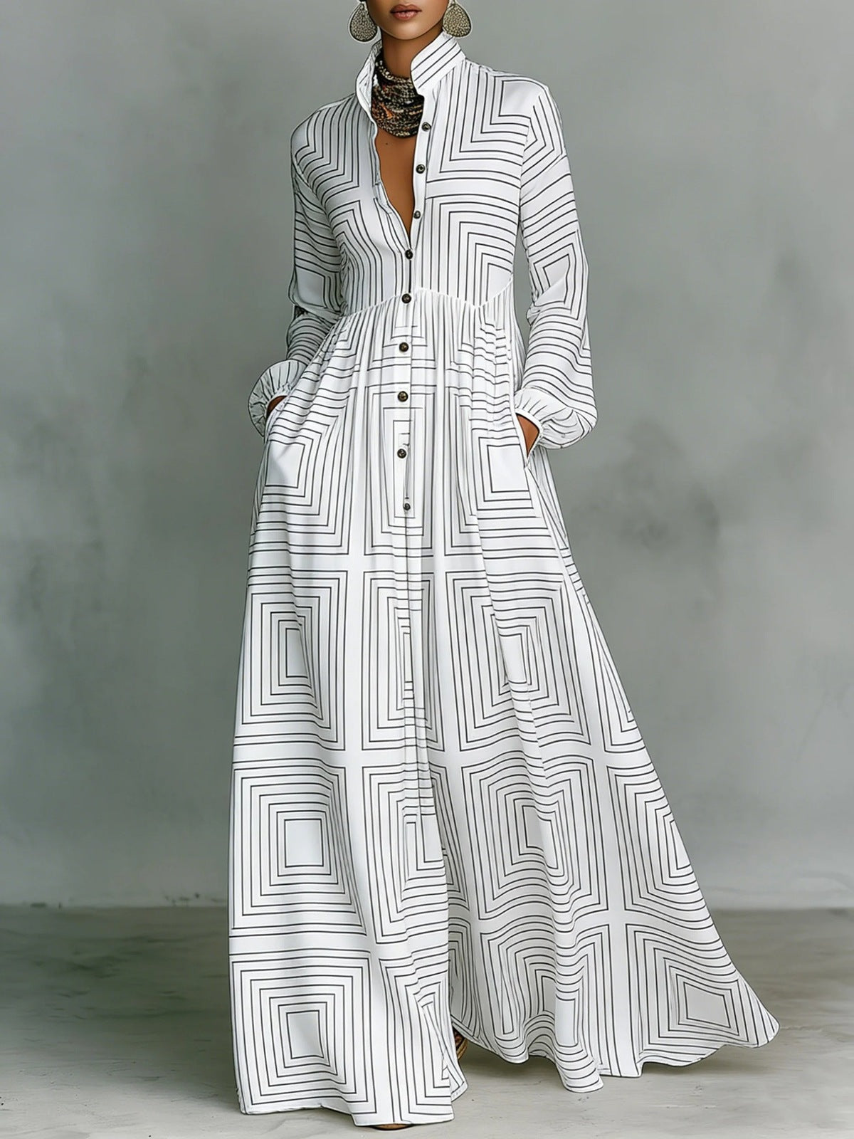 Women's Vacation Casual Elegant Printed Long Sleeve Single-Breasted Maxi Dress