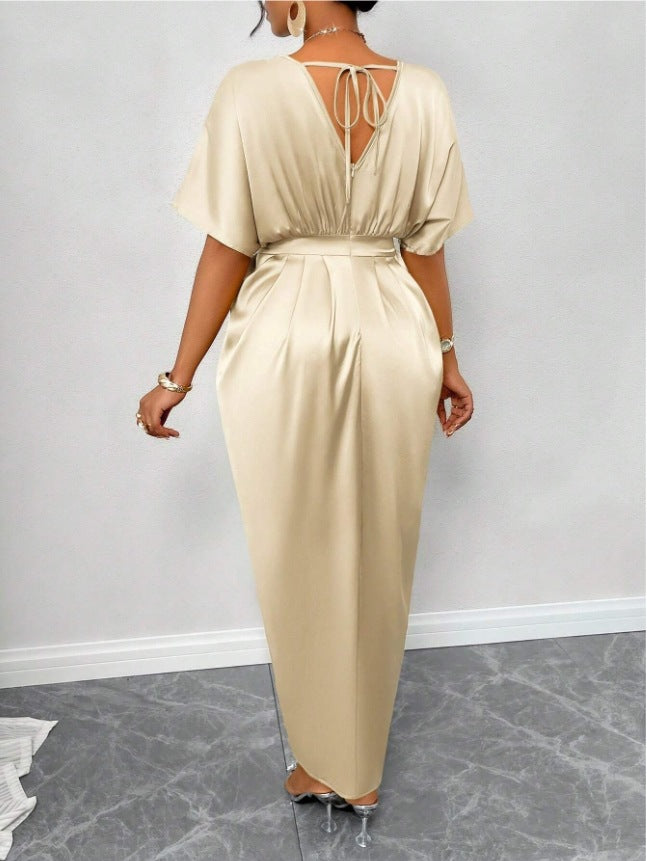 Women's Elegant Solid Color Satin V-Neck Short Sleeve Waist Dress