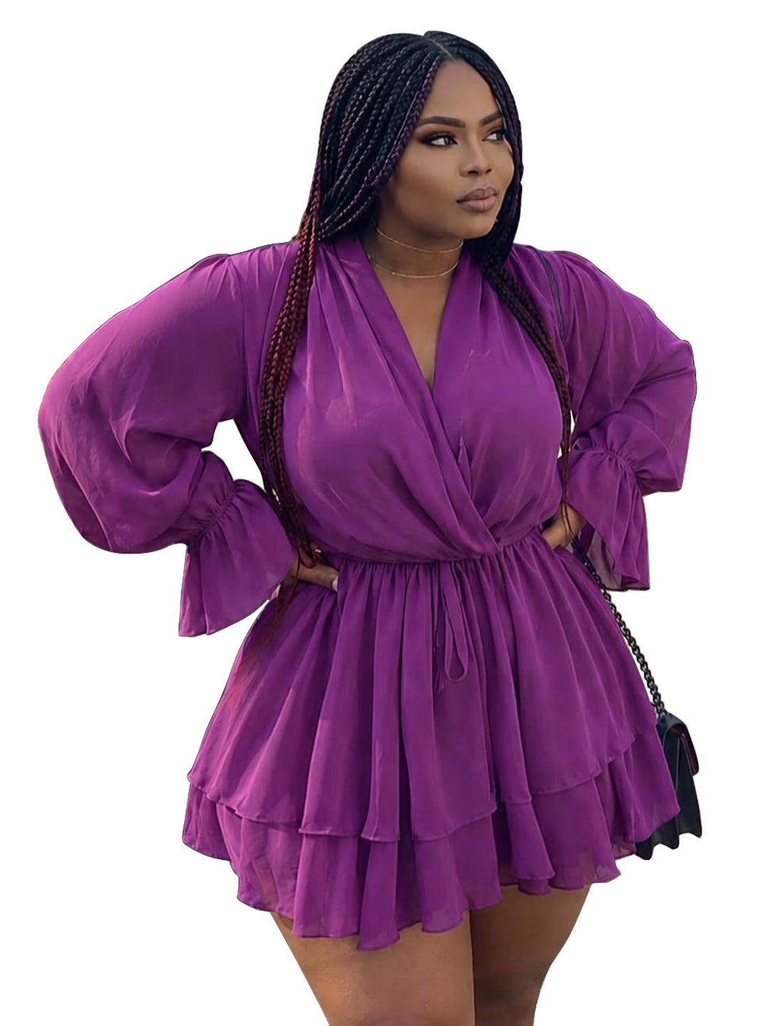 Women's Plus Size Solid Color V-Neck Long Sleeve Lace-Up Waist Multi Layer Dress