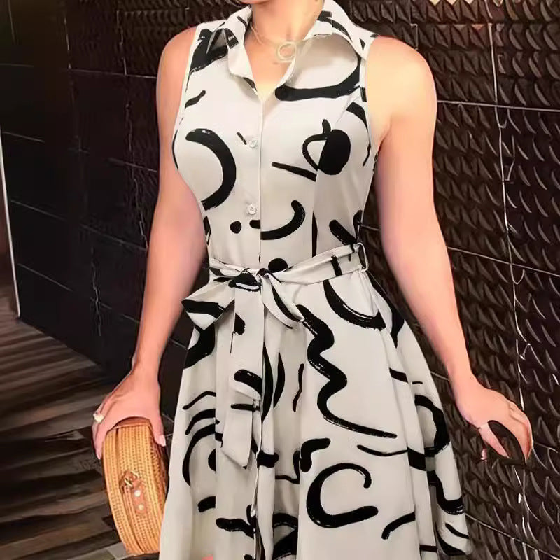 Women's Casual Printed Lapel Sleeveless Lace-Up Dress